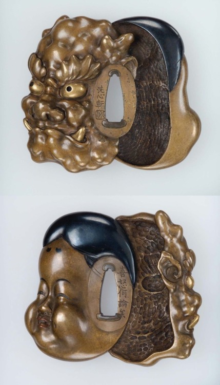 nemoi:yajifun:Tsuba in the form of an okame and an oni mask / Kitagawa Motoyoshi鍔 おかめと鬼の面　北川洗心軒　19世紀