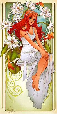 fuckyeahtangled:  lovelymasoka:  Mucha Princess Series Ariel-Rebirth Snow White-Innocence Jasmin-Passion Belle-Ambition Rapunzel-Freedom Mulan- Warrior Alice-Curiosity  I love me some Alphonse Mucha!  I WANT ALL OF THESE.