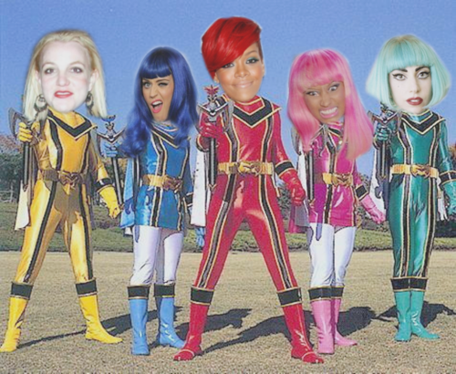 uma-puta-falta-de-sacanagem:  Rihanna: Red Hair:  Katy Perry: Blue Hair.  Nicki Minaj: Pink Hair  Britney Spears: Yellow Hair  Lady Gaga: Green Hair  THE POWER RANGERS ARE BACK! FUCK YEAH!!!!!!!!!!!  