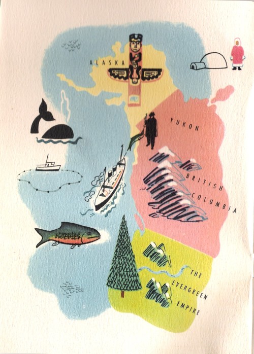 Front inside cover of the Union Pacific Travel Brochure for the Pacific Northwest and Alaska. Late 1