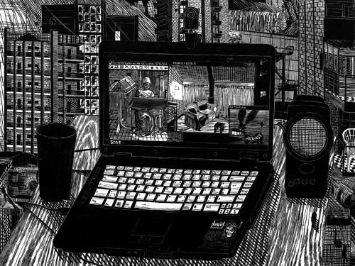 Laptop woodcut on paper by Gabriela Jolowicz, porn pictures