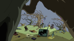 So the Land of Ooo in Adventure Time is (or is in) a post-apocalyptic earth, the aftermath of something called the &ldquo;Great Mushroom War.&rdquo; I collected some screencaps that show remnants of old earth society. I took, like, 40 screencaps but