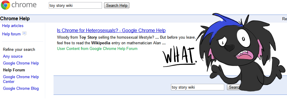 I accidentally searched for &ldquo;toy story wiki&rdquo; in the Chrome Help