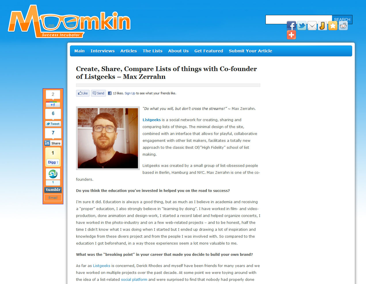 Interview with Listgeeks Co-founder Max Zerrahn on Moomkin, August 2011