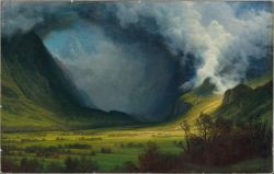 cavetocanvas:  Storm in the Mountains - Albert Bierstadt, c. 1870 Things to think about when studying: Is this an example of the sublime, or the pastoral landscape? What group was Bierstadt a part of? 