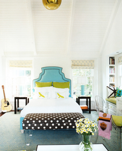 Black white and turquoise bedroom