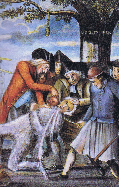 omgtricorns:The Tarring and Feathering of a British Official 1774Illustration portrays the brutal tr