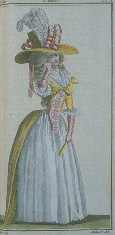 damesalamode:Magasin des Modes, July 1787. Oooh…gorgeous pink and yellow redingote!  The van-dyked c