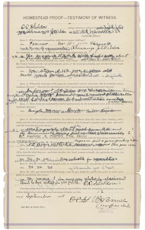 Homestead Proof Testimony of Almanzo Wilder, 09/12/1884
Dated September 12, 1884, this is the homestead proof of Almanzo James Wilder, husband of “Little House” author Laura Ingalls Wilder. His claim for land in De Smet, Dakota territory, notes a 12’...
