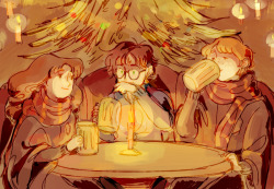 poiv:  poiv:    Harry and Hermione made their way to the back of the room, where there was a small, vacant table between the window and a handsome Christmas tree, which stood next to the fireplace. Ron came back five minutes later, carrying three foaming