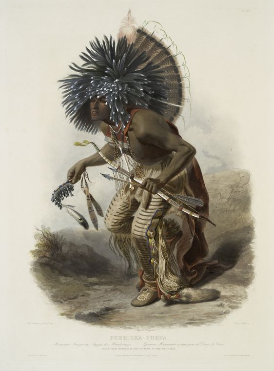 aweekofkindness:  Karl Bodmer (1832) - Pehriska-Ruhpa, Moennitarri warrior in the