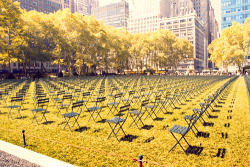 jetgirl78:  Ten Years Later: A Tribute 9/11My favorite 9/11 tribute in New York City can be found in Bryant Park. 2,819 empty chairs on the lawn facing the site where the World Trade Center once stood, one chair for every life lost. The number of empty