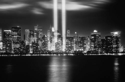 black-and-white:  The September 11th Tribute in Lights Memorial, New York City (by