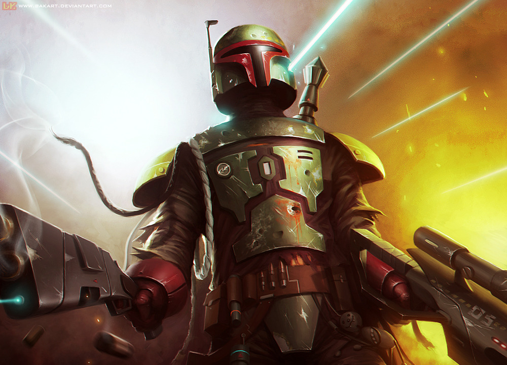 Battle hardened Boba Fett is taking no prisoners in this Star Wars fan art by Fauji M. Bardah. Check out the Chewie extra attached to his belt.
Boba Fett by Fauji M. Bardah / BAKART (Twitter)