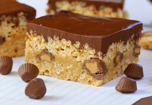 Layred Triple Peanut Butter Krispie Treats with Peanut Butter Fudge and Peanut Butter Ganache)