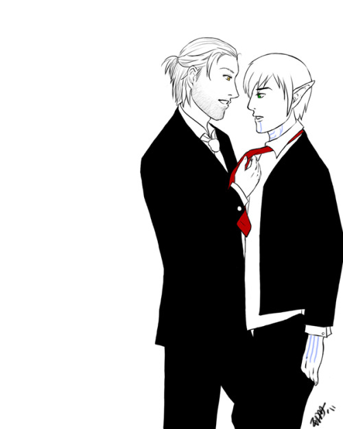 amarukei:
“ “Can’t you even tie your own tie, Fenris?”
“Hmm.”
aaaand Anders ends up moving in closer I don’t even know how or why. Also, Fenris just isn’t Fenris to me without his pointy ears and lyrium brands. :)
Every time I make an art post, I get...