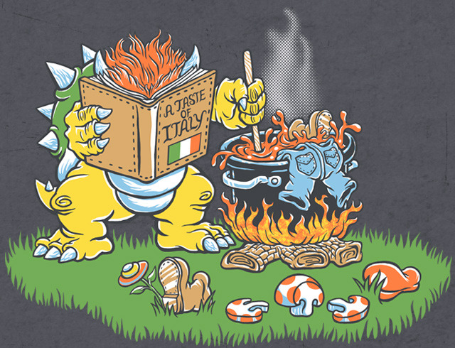 Mario was the final ingredient in Bowser’s Italian soup and Princess was merely bait. You can vote Keith Kuniyuki’s design up at Threadless to see it print.
Related Rampages: Divine Intervention | Super Maui-O (More)
Italian Night by Keith Kuniyuki /...