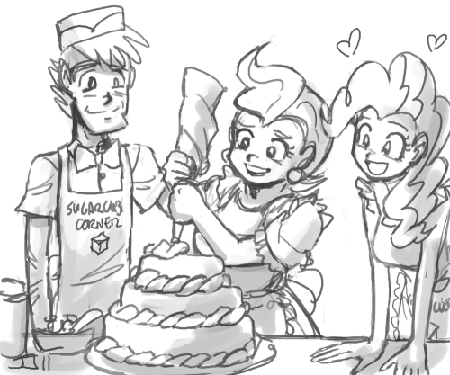 “Could you possibly draw human Mr Mrs Cake being all cutesy while baking,  please? Maybe playing with icing or something :” Also added Pinkie Pie. :)