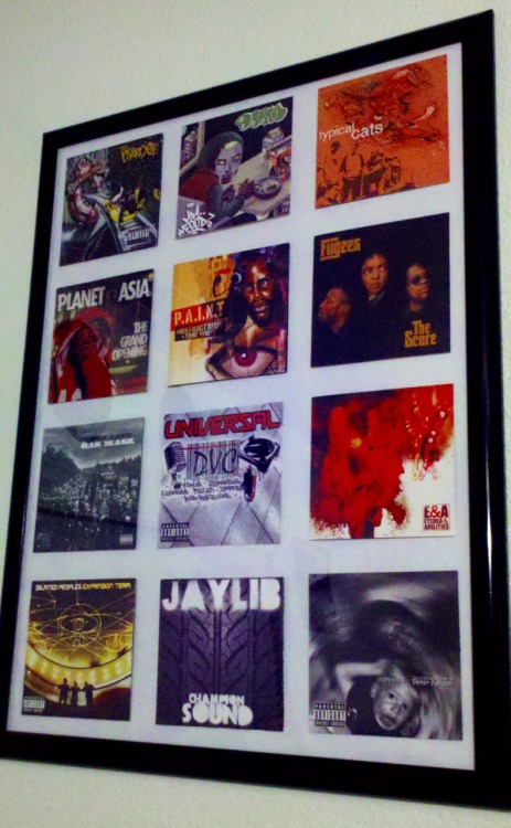 definition-of-ill:  zoop3r:  virusofdvc:  …poster I made with some CD covers of some dope emcees, framed on my wall. Not in any kind of favorite order.  that Typical Cats  the grand opening 