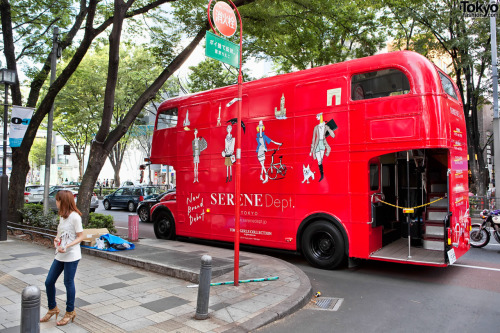 Double decker bus promoting Japanese fashion brand Serene Dept in Harajuku.