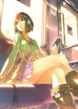 hi-ru-ko: absurdres bag between breasts boots brown eyes brown hair crossed legs frilled skirt headphones highres iphone jewelry knee boots kneehighs looking away necklace original phone short hair shoulder bag sitting solo train train interior vania600