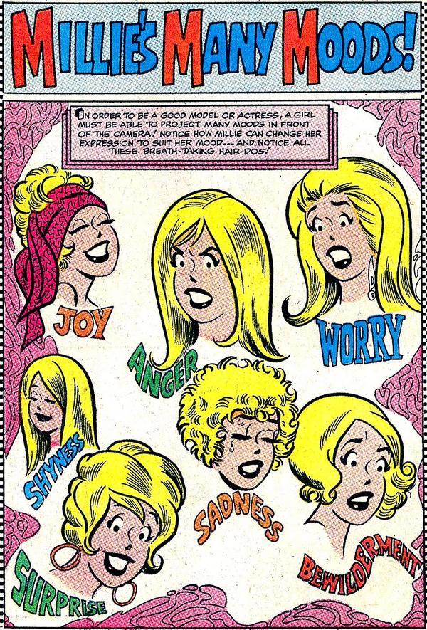 Feeling joyful, let me grab my headscarf!
My mom may not have saved any (now vintage) clothes for her three daughters…but she held onto the comics she read as a little girl. I’m pretty familiar with Millie’s Many Moods(!).