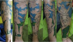 fuckyeahtattoos:  In process… Miyazaki’s tattoo  ^ ^ Yupa - Mononoke - naushika - ashitaka - yakkuru and others… 