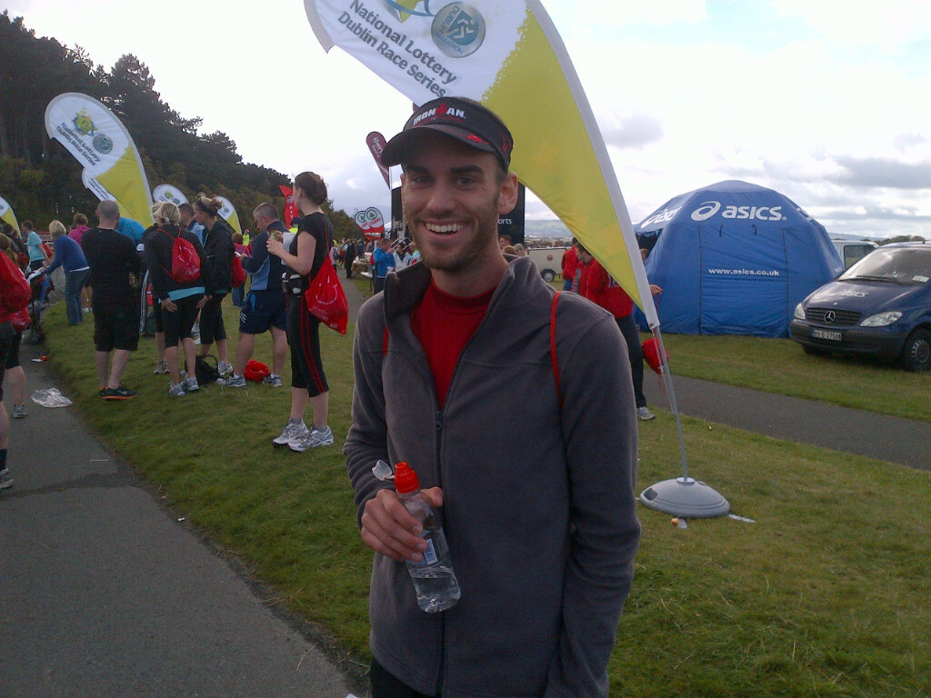 Jess took this of me, soon after crossing the finish line of Dublin Half-Marathon. I ran the length in the middle of July, back in Connecticut. It was a sunny 85 there, and flat. Today it was hilly, raining, and quite windy. I had that fleece on...