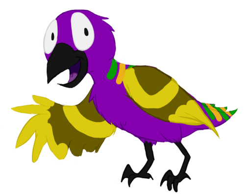 Little drawing I made for my little sister Chloe after a conversation we had (or rather stuff she said). “I was thinking I was a bird. A purple bird with orange and green stripes on the back and a purple head, but no hair. The beak is black and