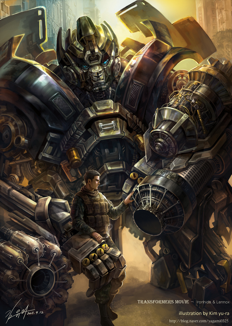 The heavily weaponized / hard ass Transformer Ironhide towers over Captain Lennox in Kim Yu-ra’s new fan art illustration.
Transformers Movie - Ironhide & Lennox by Kim Yu-ra (deviantART)