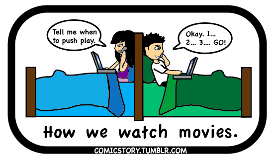 typesetjez:
“ inflatedmoose:
“ charmingtillthelast:
“ comicstory:
“ Long Distance: Watching Movies.
”
Dear Jaclyn,
This Friday? A double BatDate?
”
( I think I’ve reblogged this before?)
Guys, I get made fun of so much for this! I don’t understand...