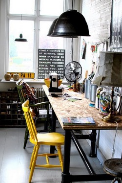 wellappointeddesk:  While my skills with Nordic languages is beyond iffy, I think this is a Swedish blogger who posts often about her beautiful home. This picture is of her work table where she sews. I love the use of low-budget strand board normally