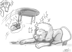 Requested in the Livestream. A flaming toaster wearing a bow tie and shades beating a lion with a table.  No real lions were harmed during this drawing.