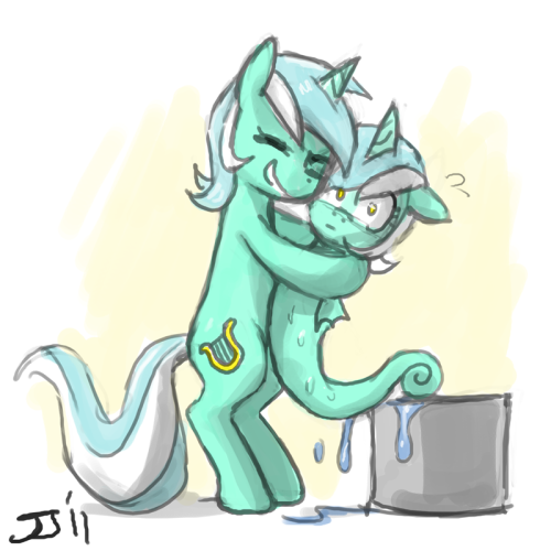 datcatwhatdances asked you: If it is  not too much trouble, I’d love to see a happy sea-pony Lyra being held,  perhaps hugged, out-of-bucket by normal Lyra, who might look a tad  bamboozled. Just to throw everybody off.