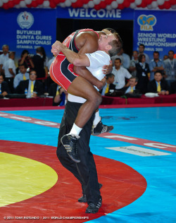 shuaaaat:  Jordan Burroughs celebrating his World Championship with Nebraska coach Mark Manning. by Tony Rotundo 