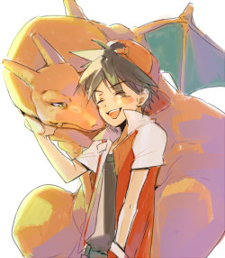 snow-playing-cello:  I for one love the Pokemon fanart where the characters interact with the Pokemon. So Red is interacting with his pokemon. How CUTE!! 