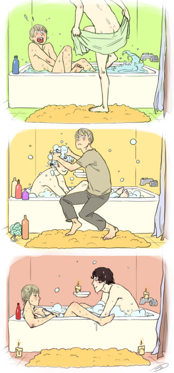 1. bath as flatmates: disaster 2. bath as best friends: adequate 3. bath as boyfriends: <3 theconjuredking: Could I  request John taking a bath and Sherlock, ignoring such trivial  courtesies like “privacy”, joining him for cuddling?  