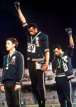 ondolady:  I have always wanted this picture on my wall, never quite got there but hey it is on my tumblr.  For those of you who don’t know, this is athletes, Tommy Smith and John Carlos making a stance at the 68 Olympics over the treatment of African