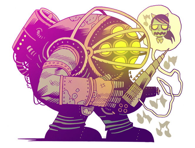 Big Daddy rocks out with his decked out Driller Guitar in this musical BioShock fan art by Tumblr artist Dan Hipp.
Related Rampages: I Fight For You! | Zombie Time (More)
BioRock by Dan Hipp (Flickr) (Tumblr) (Twitter)
Via: mrhipp