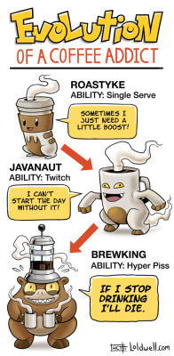 justinrampage:  Caldwell Tanner breaks down the classic coffee addiction with help from his little pal’s evolution cycle. Check out more of his awesome work here. Evolution of a Coffee Addict by Caldwell Tanner (Tumblr) (Twitter) Via: blogwell | laughings