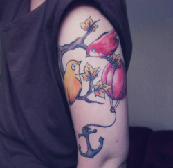 fuckyeahtattoos:  My birds, hot air balloon and anchor. I drew it and the guy who made it all happen is Wille at Lucky 7, Norrköping Sweden.  