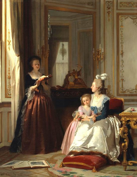 vivelareine:Madame de Lamballe reading to Marie Antoinette and her daughter, Marie