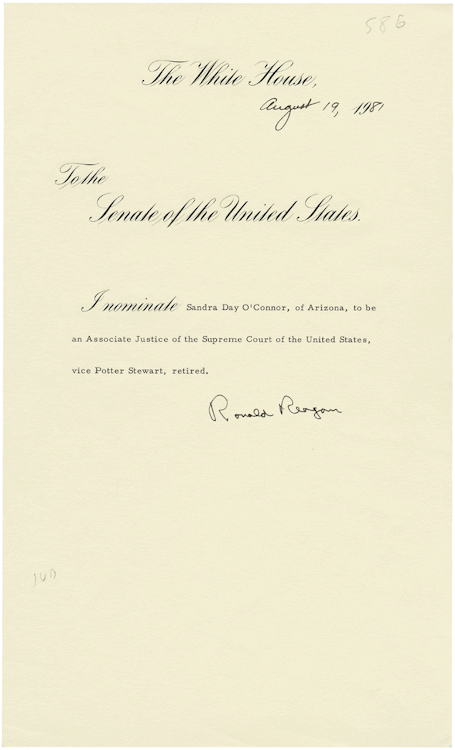 Nominated by President Reagan, Sandra Day O'Connor was sworn in as the first woman on the Supreme Court on September 25, 1981.