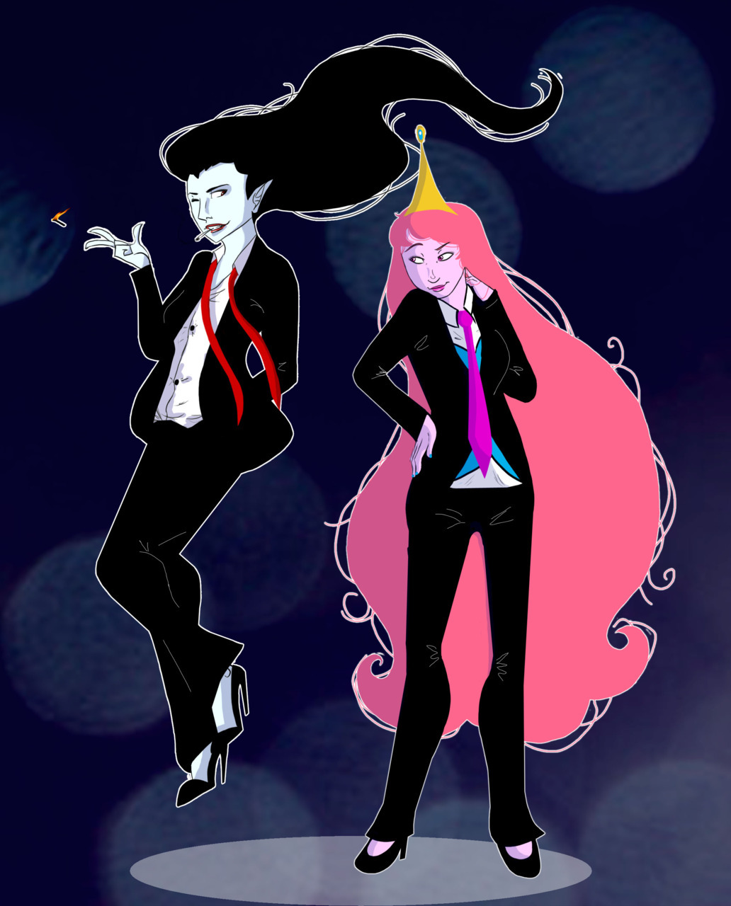 mocha-bear:  I just REALLY wanted to draw Marcy and Peebles in suits. Lol background?