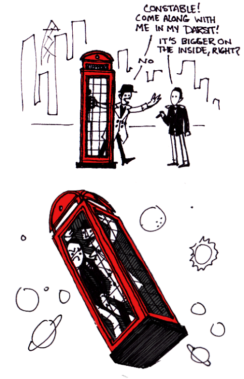letseyx:   He travels the universe in his cozy DARSIT, which takes the form of a red telephone booth. The DARSIT is famously “smaller on the inside.” This is a generalization. In reality, it adjusts its interior dimensions so that it is always just