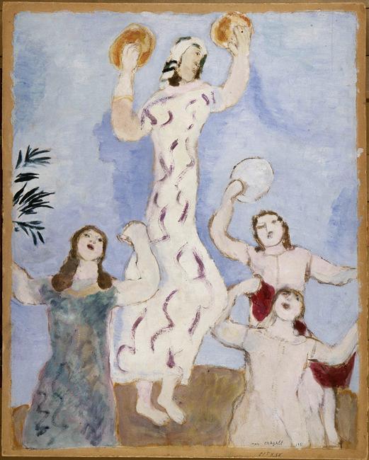 Marc Chagall, Miriam dances, 1931, from the series Etchings for the Bible (1930-1939; 1952-1956) gouache, oil on paper, 62 x 49 cm (Musée national Message Biblique Marc Chagall, Nice, France)