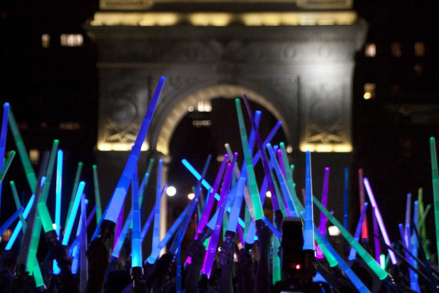 tiefighters:  NYC Lightsaber Battle Several hundred Star Wars enthusiasts filled