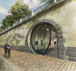 architizer:  Czech architect Petr Janda’s proposal to transform the walls of a waterfront promenade in Prague into gallery spaces.