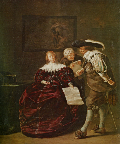 The Contract: A lady presenting a letter to a gentleman and an old lady studying another in an inter