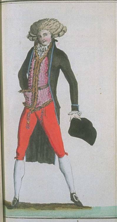 damesalamode:Magasin des Modes, February 1788. Look at this jaunty fellow!  Love the black coat with